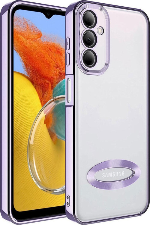Samsung Galaxy M14 Yanları Renkli Lens Korumalı Logo Gösteren Şeffaf Luxury Silikon Kılıf - Lila
