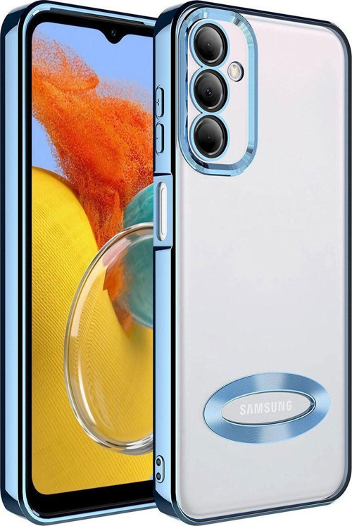 Samsung Galaxy M14 Yanları Renkli Lens Korumalı Logo Gösteren Şeffaf Luxury Silikon Kılıf - Mavi