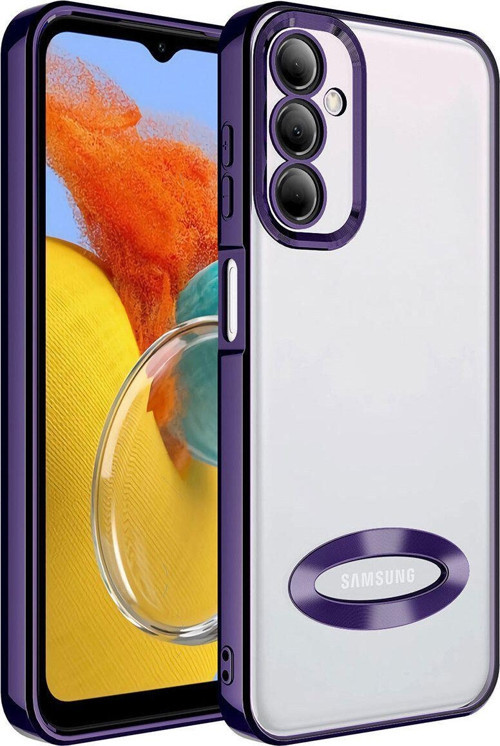 Samsung Galaxy M14 Yanları Renkli Lens Korumalı Logo Gösteren Şeffaf Luxury Silikon Kılıf - Mor