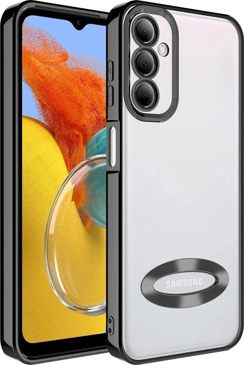 Samsung Galaxy M14 Yanları Renkli Lens Korumalı Logo Gösteren Şeffaf Luxury Silikon Kılıf - Siyah