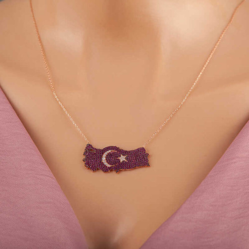925 Ayar Gümüş Rose Ay Yıldız Türkiye Haritası Kadın Kolye