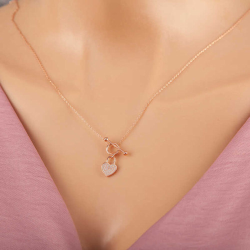 925 Ayar Gümüş Rose Sallantılı Kalp Kadın Kolye