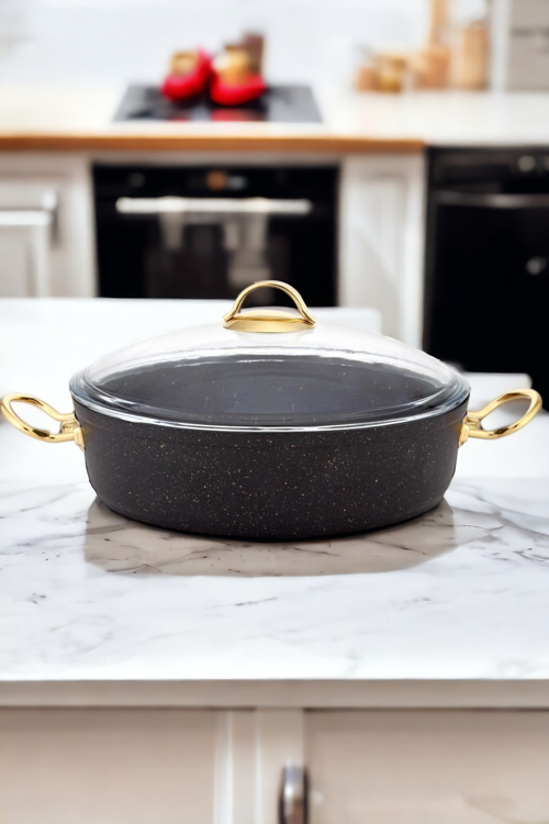 Cam Kapaklı Ezme Granit Düz Basık Tencere 32 cm | Gold Kulplu Yapışmaz Taban Tencere Cam Kapaklı Siy