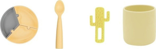 4'Lü Set Puzzle Tabak Diş Kaşıyıcı Kaktüs Sarı, Silikon Bardak Sarı Nam Nam Kaşık Sarı