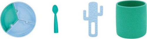 4'Lü Set Puzzle Tabak Diş Kaşıyıcı Kaktüs Mavi Silikon Bardak Yeşil, Nam Nam Kaşık Yeşil