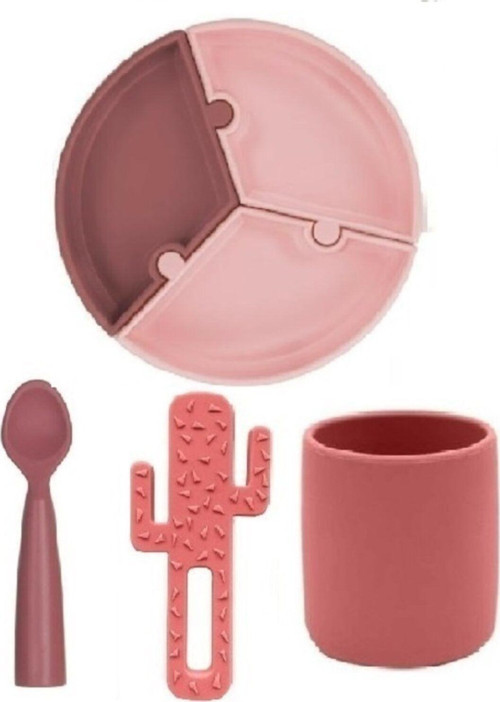 4'Lü Set Puzzle Tabak, Diş Kaşıyıcı Kaktüs Bordo, Silikon Bardak Bordo, Nam Nam Kaşık Bordo