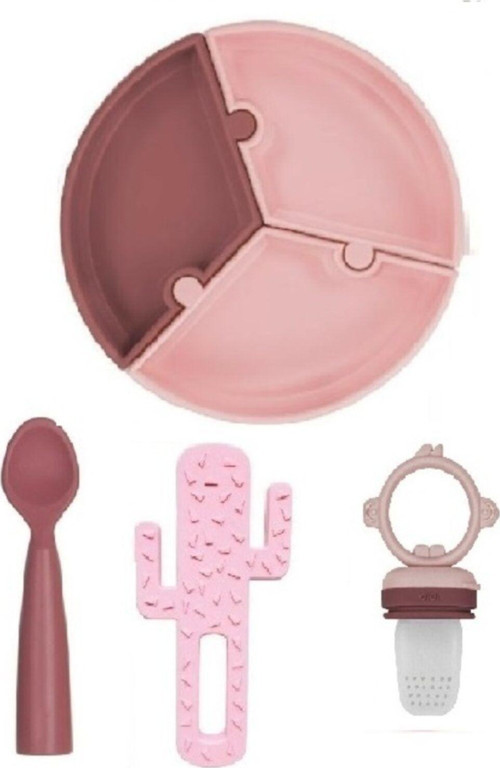 4'Lü Set Puzzle Tabak, Diş Kaşıyıcı Kaktüs Pembe, Silikon Bardak Bordo, Nam Nam Kaşık Bordo