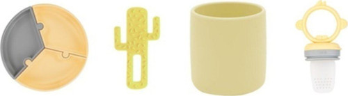 4'Lü Set Puzzle Tabak, Diş Kaşıyıcı Kaktüs Sarı, Silikon Bardak Sarı, Meyve Sebzze Püre Sarı