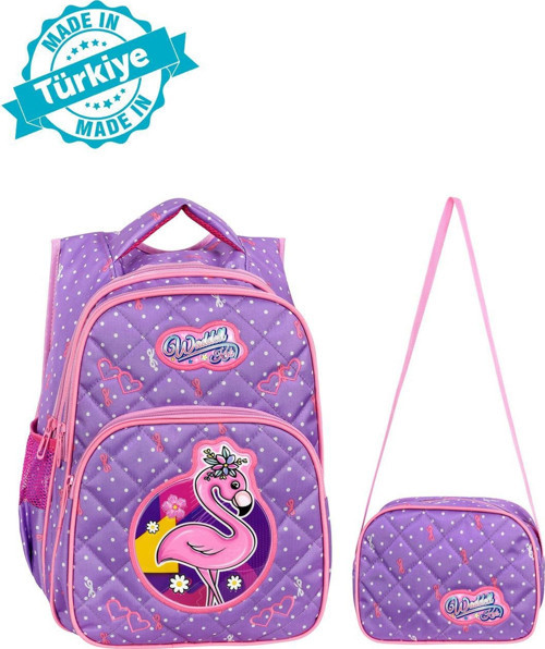 Lisanslı Lila Flamingo Desenli Emboos İlköğretim Okul Sırt Çantası Ve Beslenme Çantası