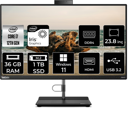 THİNKCENTRE NEO 30A i7 1260P 36 GB RAM 1 TB SSD 23.8" FHD W11H ALL IN ONE PC 12B0008JTX