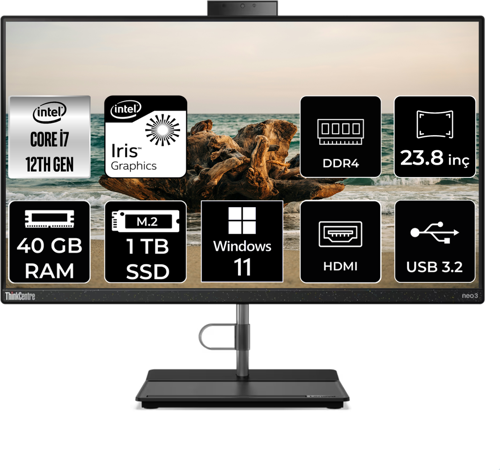 THİNKCENTRE NEO 30A i7 1260P 40 GB RAM 1 TB SSD 23.8" FHD W11P ALL IN ONE PC 12B0008JTX