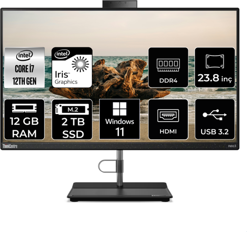 THİNKCENTRE NEO 30A i7 1260P 12 GB RAM 2 TB SSD 23.8" FHD W11P ALL IN ONE PC 12B0008JTX