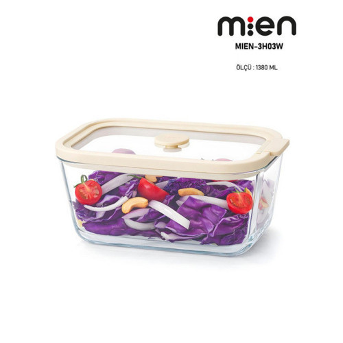 MİEN 1380 ML Sızdırmaz Kapaklı Cam Saklama Kabı - Krem