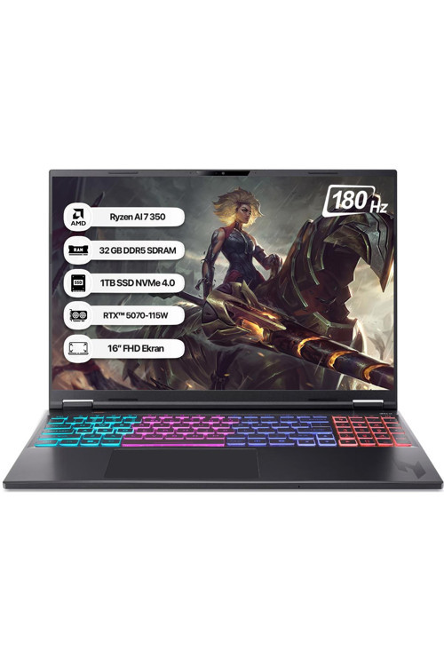 Nitro 16S AI NH.QXKEY.002 R7 AI 350 32GB 1TB SSD RTX5070-8GB 16" WQXGA 180Hz Dos Taşınabilir Bilgisayar