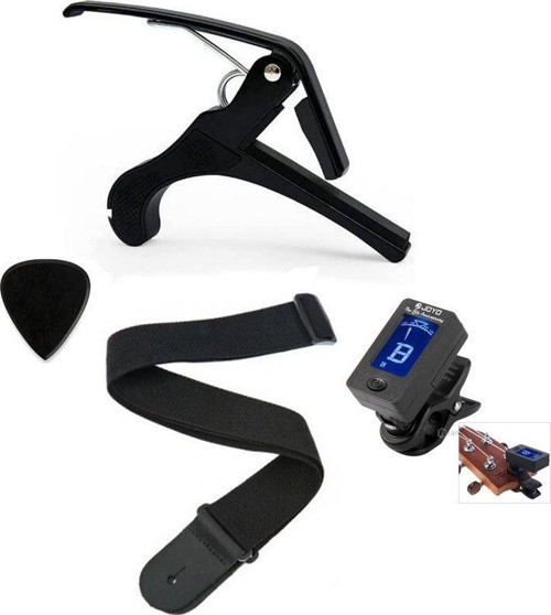 music store 4lü Gitar Aksesuar Seti Kapo+Pena+Tuner+Gitar Askısı
