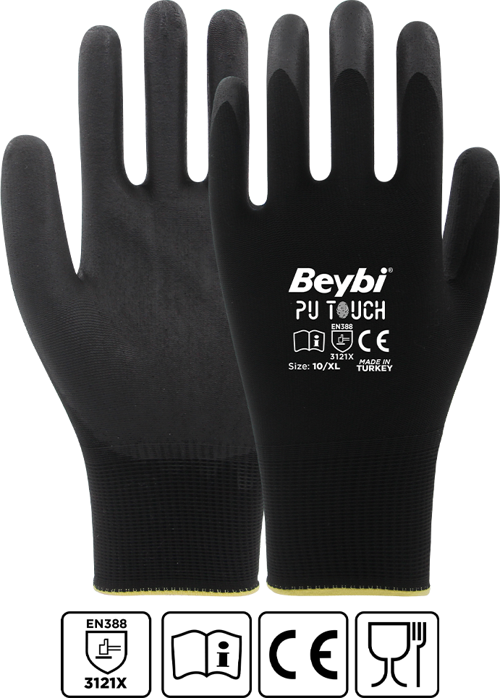 7 Beden 12Li Paket Poliüretan Kaplı Pu Touch Siyah Montaj Eldiven En388 (3121X)