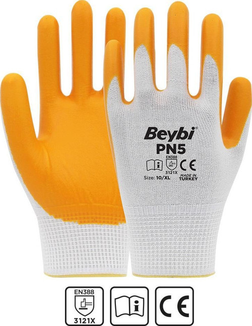 Nitril PMK PN5 Beyaz Sarı Örme Polyoster Nitril 9 Beden 12li Paket EN388 (3121X)