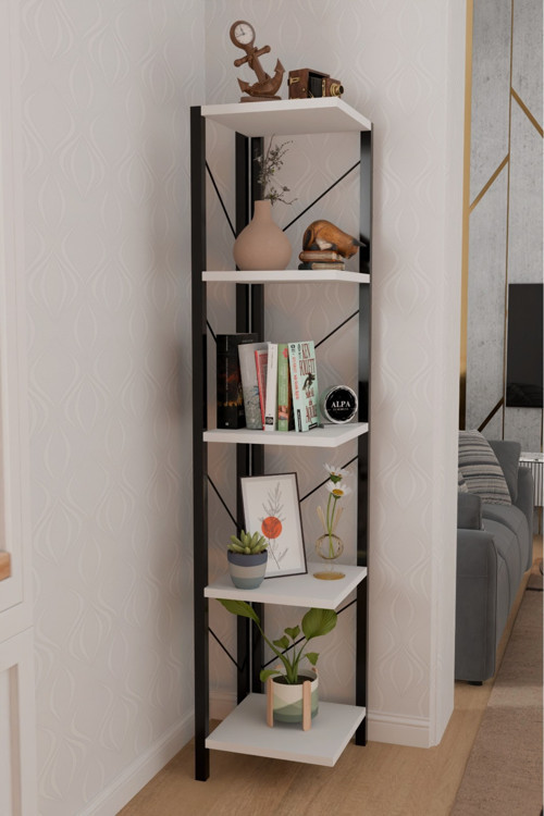 150 cm 5 Raflı Metal Köşe Kitaplık | Salon Dekoratif Çiçeklik Aksesuar Rafı
