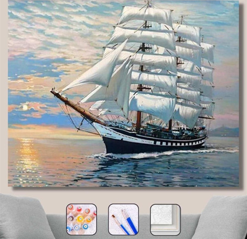Pastelya Sayılarla Boyama Seti Çerçeveli Kasnaklı Yelkenli Gemi