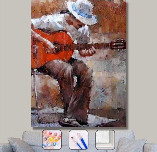 Pastelya Sayılarla Boyama Seti Rulo Çerçevesiz Şapkalı Gitarist