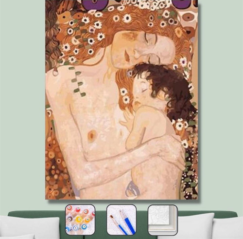 Pastelya Sayılarla Boyama Seti Çerçeveli Kasnaklı Gustav Klimt Anne Ve Çocuk