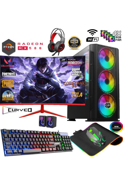 TC88X Ryzen 5 5500 16GB 512GB M2 SSD RX580 8GB 23.6' Curved Masaüstü Oyuncu Bilgisayarı Hazır Sistem