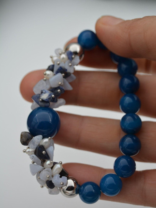 Güzel Bayan Bileklik Ceyt Inci Ve Lapis Lazuli Taşlı El Yapımı Lacivert Beyaz