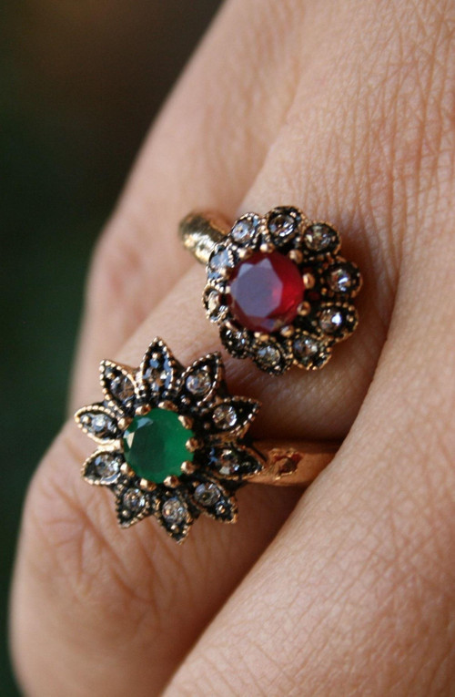Jewellery Bronz Yüzük Çift Çiçek Mavi ve Yeşil
