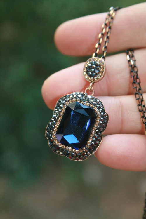 Jewellery Kristal Taşlı El Yapımı Kolye Lacivert