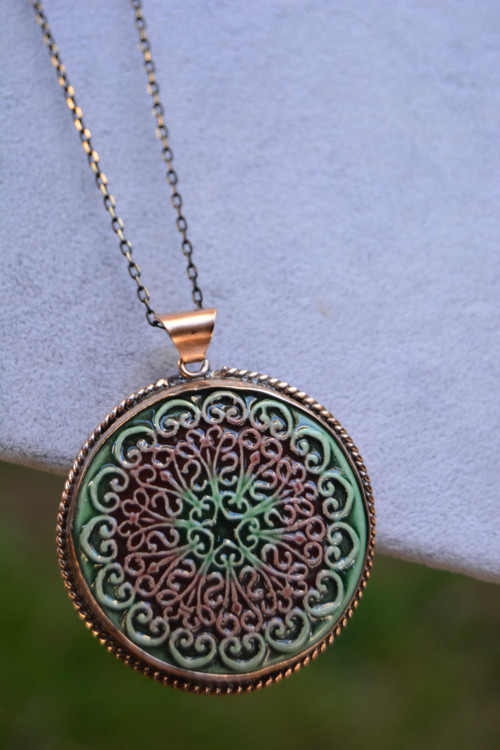 Jewellery Özel Tasarım Çini Bayan Kolye Yeşil ve Gül Kurusu