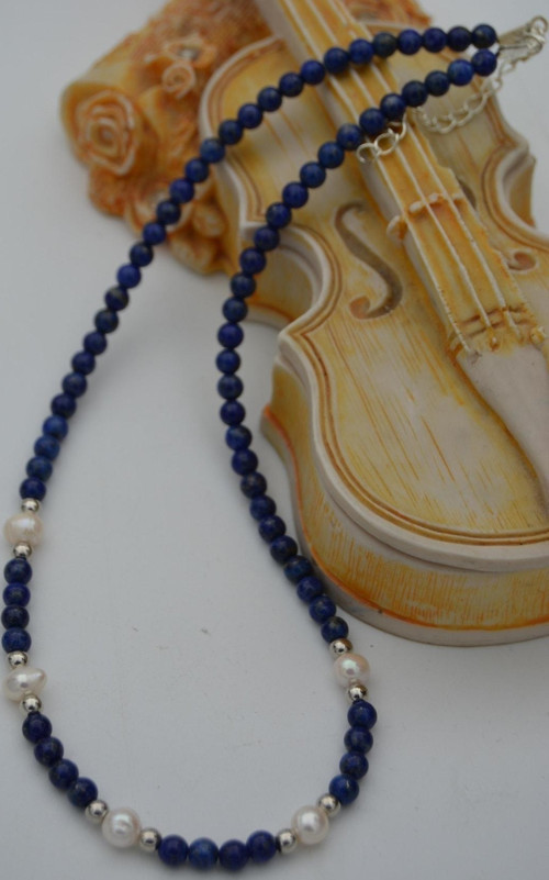 Lapis Lazuli Ve Incili Kadın Kolye Lacivert ve Beyaz
