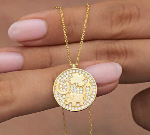 925 Ayar Gümüş Gold Fil Motifli Şans Kadın Kolye