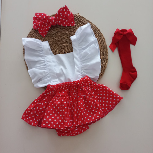 Kız Bebek Kırmızı Puantiyeli Fırfırlı Salopet Bandana Fiyonklu Çorap Takım