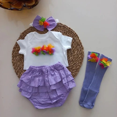 Kız Bebek Lila Potpori Fırfırşort Etek Bandana Çorap Takım