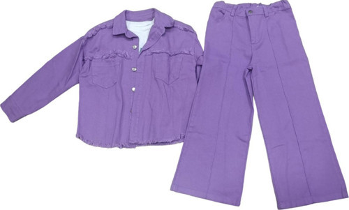 Kız Çocuk Püskül Detaylı Bol Paça Pantolonlu Oversize Kalıp 3 lü Mor Renk Gabardin Takım