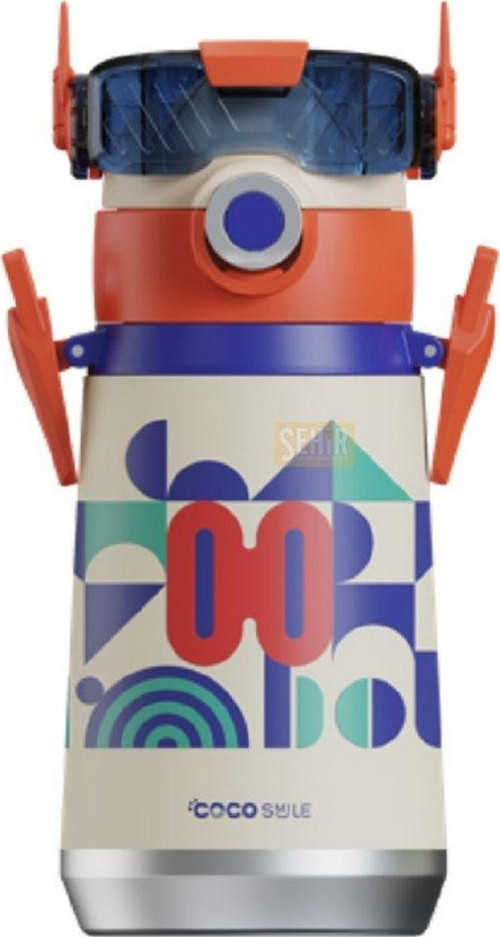Cocosmile 500ml Yeni Koleksiyon Robot Temalı Pipetli Askılı Çelik Termos Çocuk Matarası