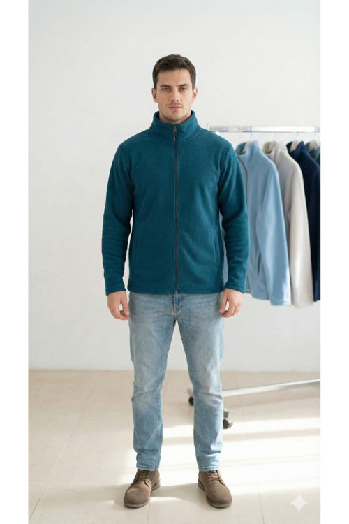 Erkek Petrol Dik Yaka Tam Fermuarlı Fleto Cepli Kışlık Polar Sweatshirt Hırka