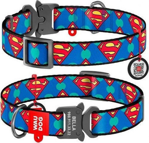 Collar QR Pasaportlu Köpek Boyun Tasması 31-49 CM, 25 MM, Superman Desenli Metal Tokalı
