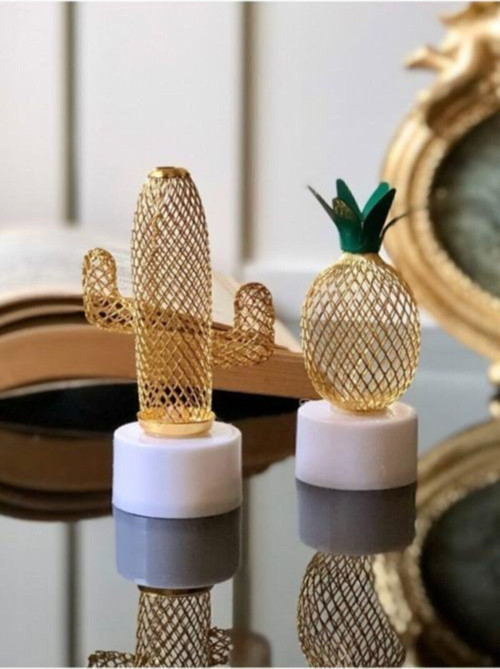 UMTS 2'li Metal Ananas Ve Kaktüs Model Mini Gece Ve Masa Dekor Lambası Pilli