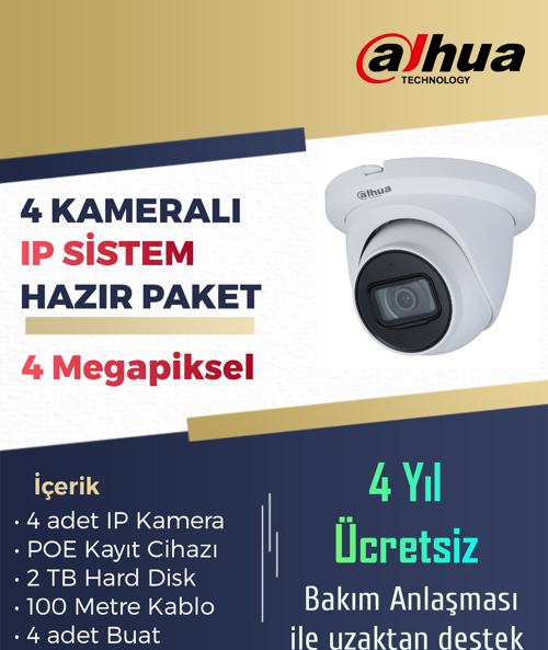 4 Kameralı 4 Megapiksel Dahua IP Sesli Kamera Set Sistem - 2 TB Hard Disk Dahil Hazır Paket