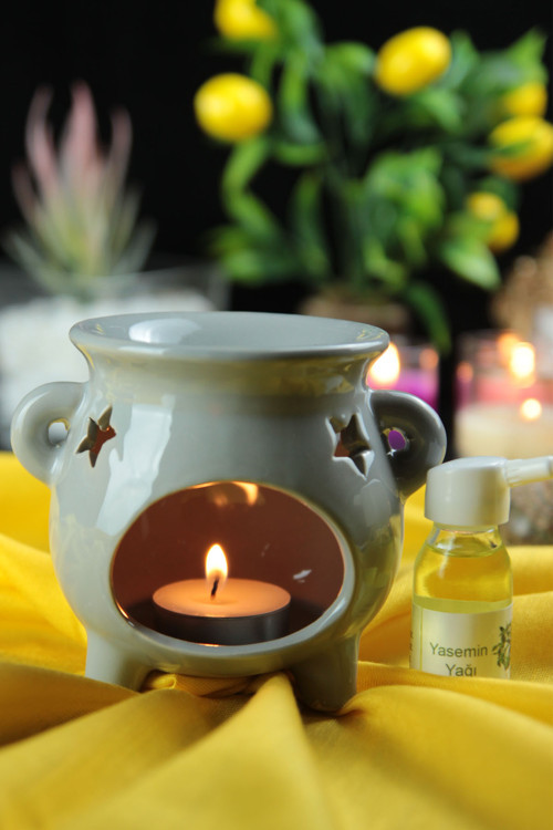 Buhurdanlık Gri Seramik Ayaklı & Buhur Koku Mum Set