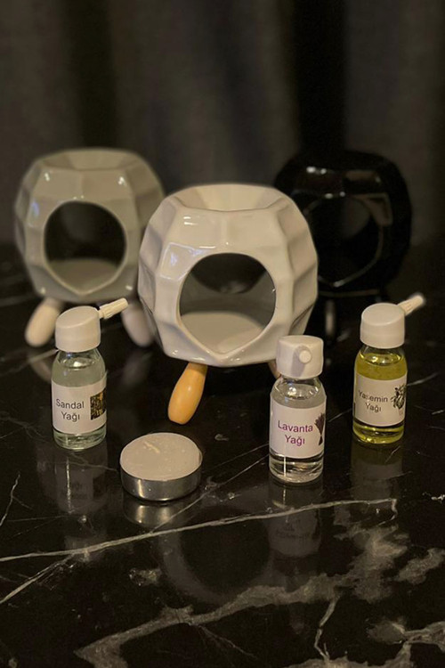 Buhurdanlık Seramik Ahşap Ayaklı & Buhur Koku Mum Set