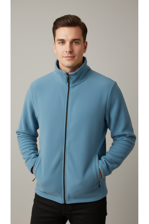 Erkek Açık İndigo Dik Yaka Tam Fermuarlı Fleto Cepli Kışlık Polar Sweatshirt Hırka