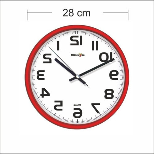 Ters Kadran 28Cm Terse Çalışan Kırmızı Çerçeve Duvar Saati