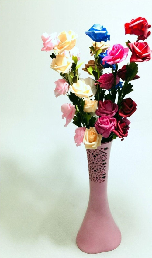 Uzun Saplı 5 Başlı 7 Renk Güllü 40Cm Desenli Pembe Vazo