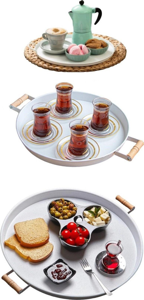 3 Lü (51, 37, 24 CM) Ahşap Kulplu Metal Tepsi Çay Tepsisi Kahve Tepsisi Sunum Tepsi Seti Beyaz