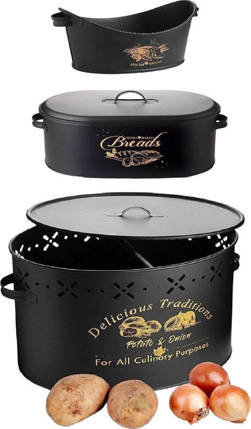 3'lü Set Metal Kapaklı Ekmeklik Patates Soğanlık Ve Sofra Ekmeklik Siyah