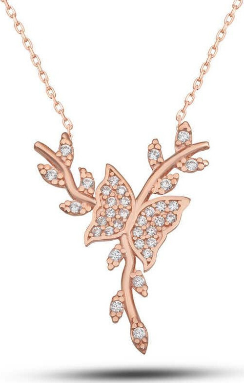 925 Ayar Gümüş Rose Daldaki Kelebek Kadın Kolye