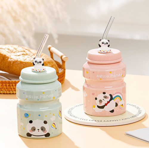 Pipetli Panda Seramik Kupa Pembe 12 x 8