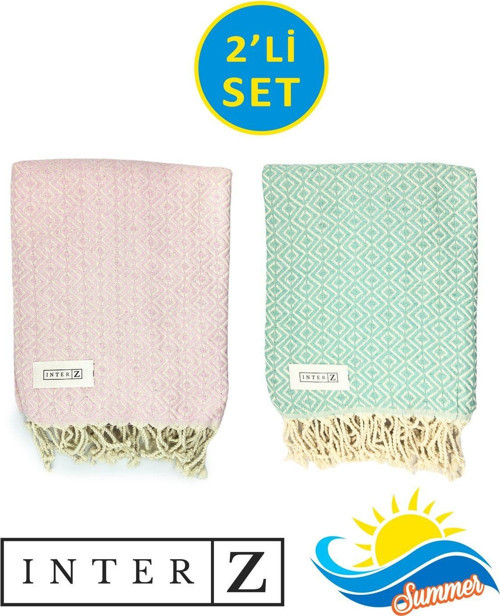 2'li Set Peştemal Plaj Havlusu , %100 Pamuk , Xxl 100x180cm, Bodrum, Turkuaz Pembe Pembe Turkuaz